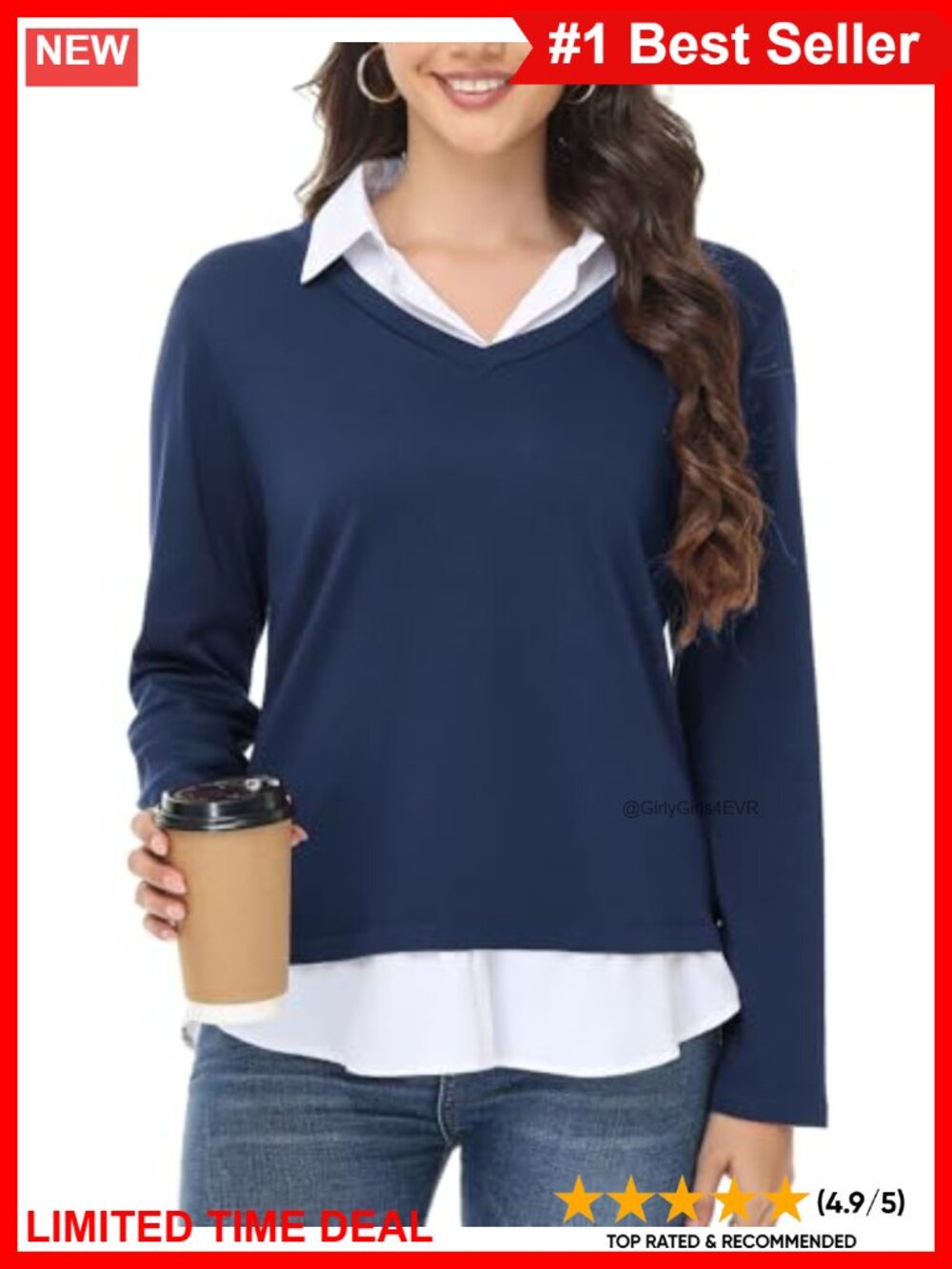 Womens V Neck Collared Sweater Pullover 2 in 1 Business Office